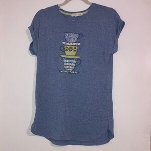Light Heather Blue Short Sleeve Tee with Embroidered Teacup Design